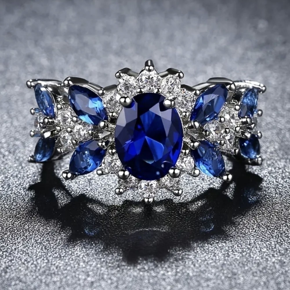 New Blue Sapphire CZ Halo Ring Silver Tone Oval Statement Cocktail Ring, T1B1D